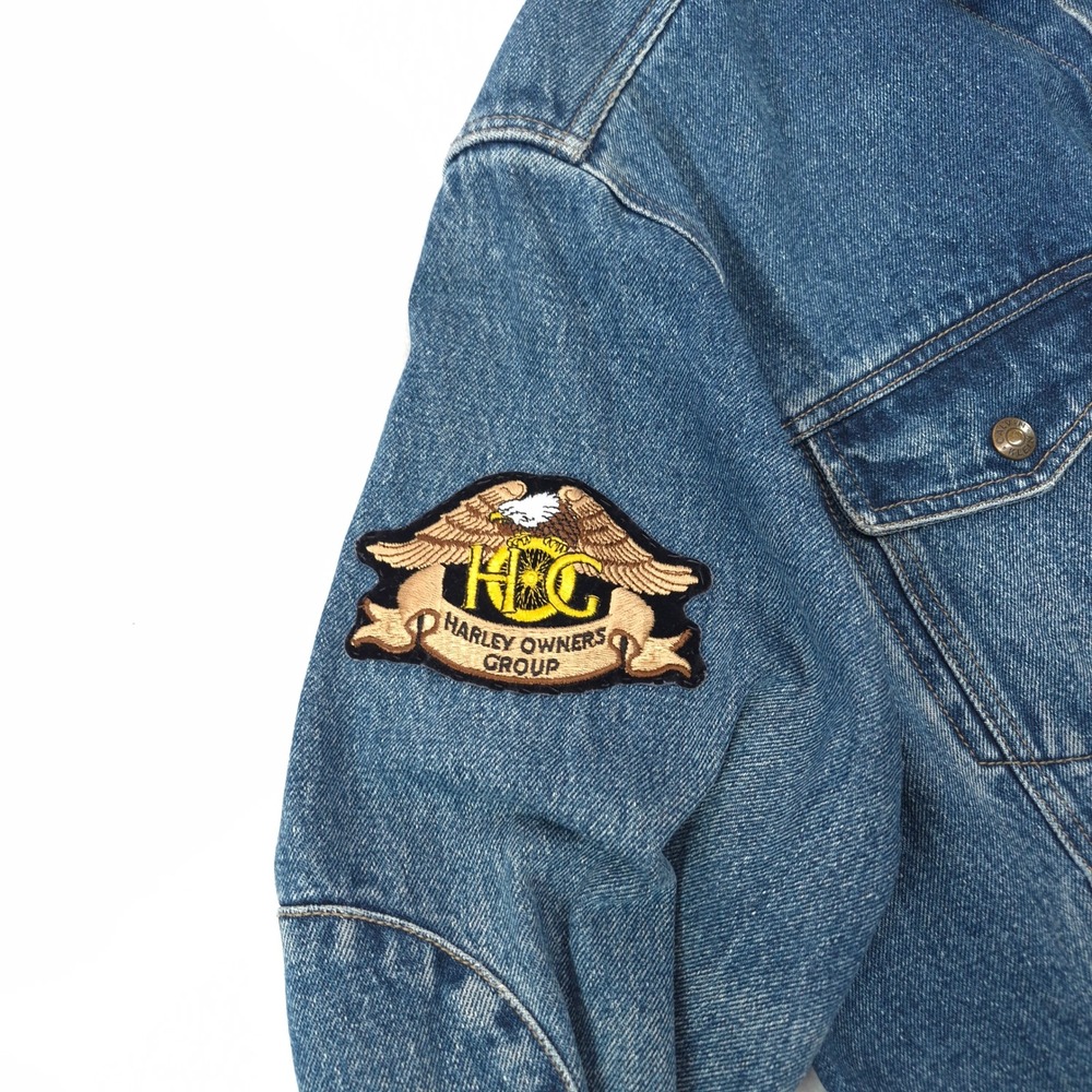 Calvin Klein Denim Jacket Blue L Harley Davidson Biker Trucker Vintage Patched - Picture 12 of 16
